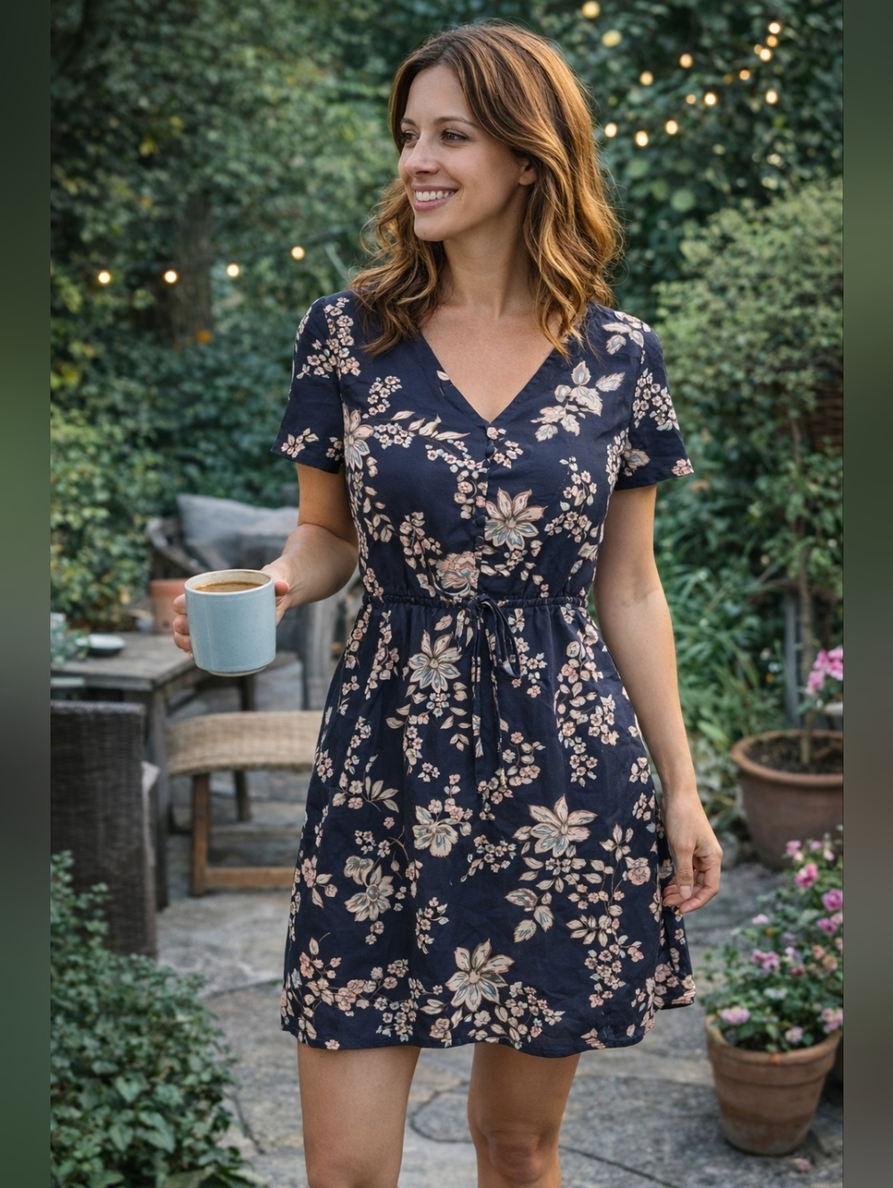 Navy Floral V-Neck Drawstring Women’s Dress